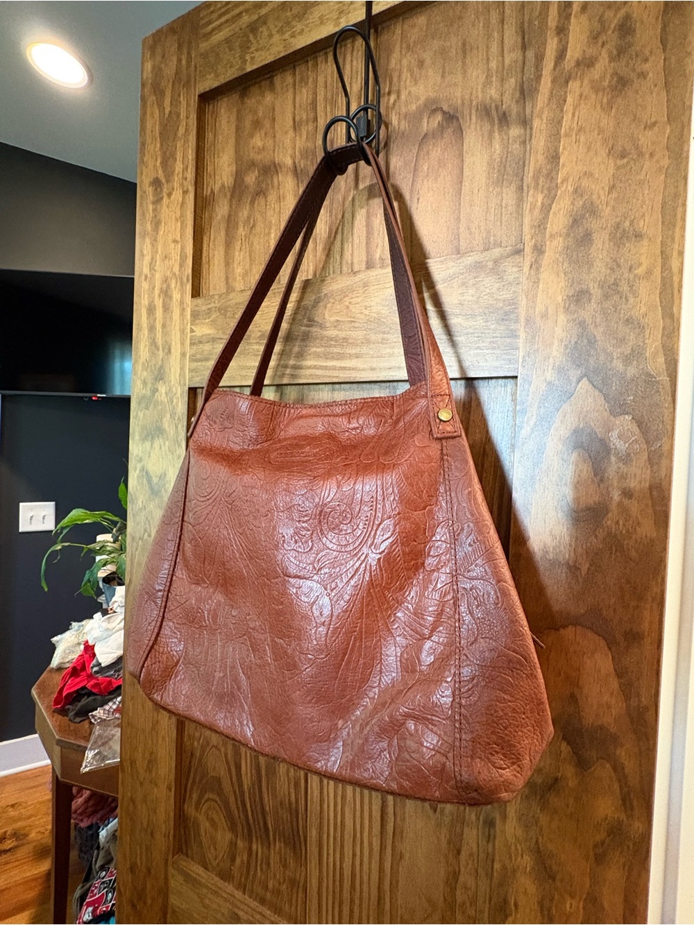 Leather-Textured Shoulder Tote in Chestnut Brown